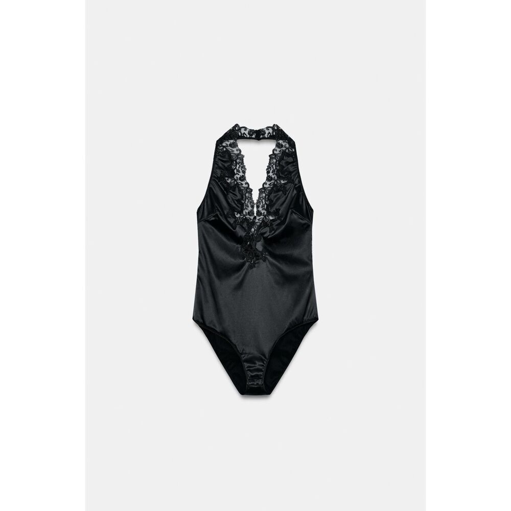 ZARA ZW Collection Lace Halter Satin Bodysuit Size L NWT